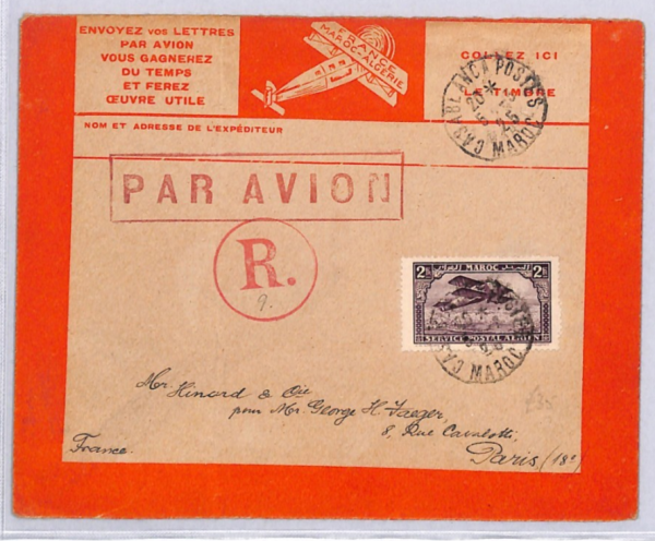 FRENCH MOROCCO Registered Air Mail Cover Casablanca 1925 France {samwells)YF286