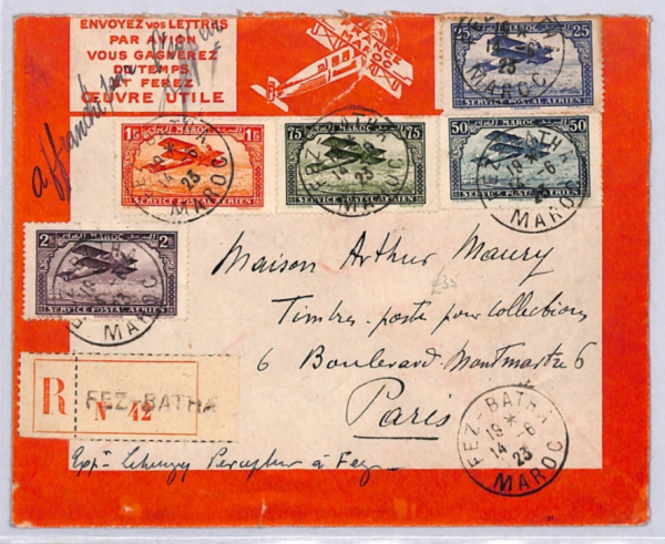 FRENCH MOROCCO Registered Air Mail Cover Fez-Batha 1923 France {samwells)YF288