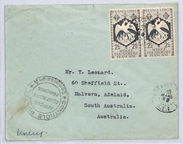 France Cols CONGO AEF Censor WW2 Cover Moissala FORT ARCHAMBAULT Adelaide! YF239 - Image 3