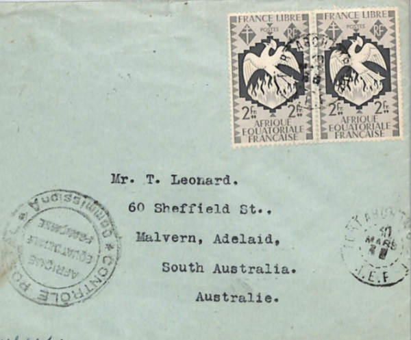 France Cols CONGO AEF Censor WW2 Cover Moissala FORT ARCHAMBAULT Adelaide! YF239