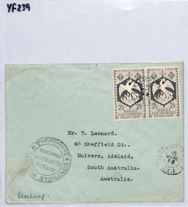 France Cols CONGO AEF Censor WW2 Cover Moissala FORT ARCHAMBAULT Adelaide! YF239 - Image 10