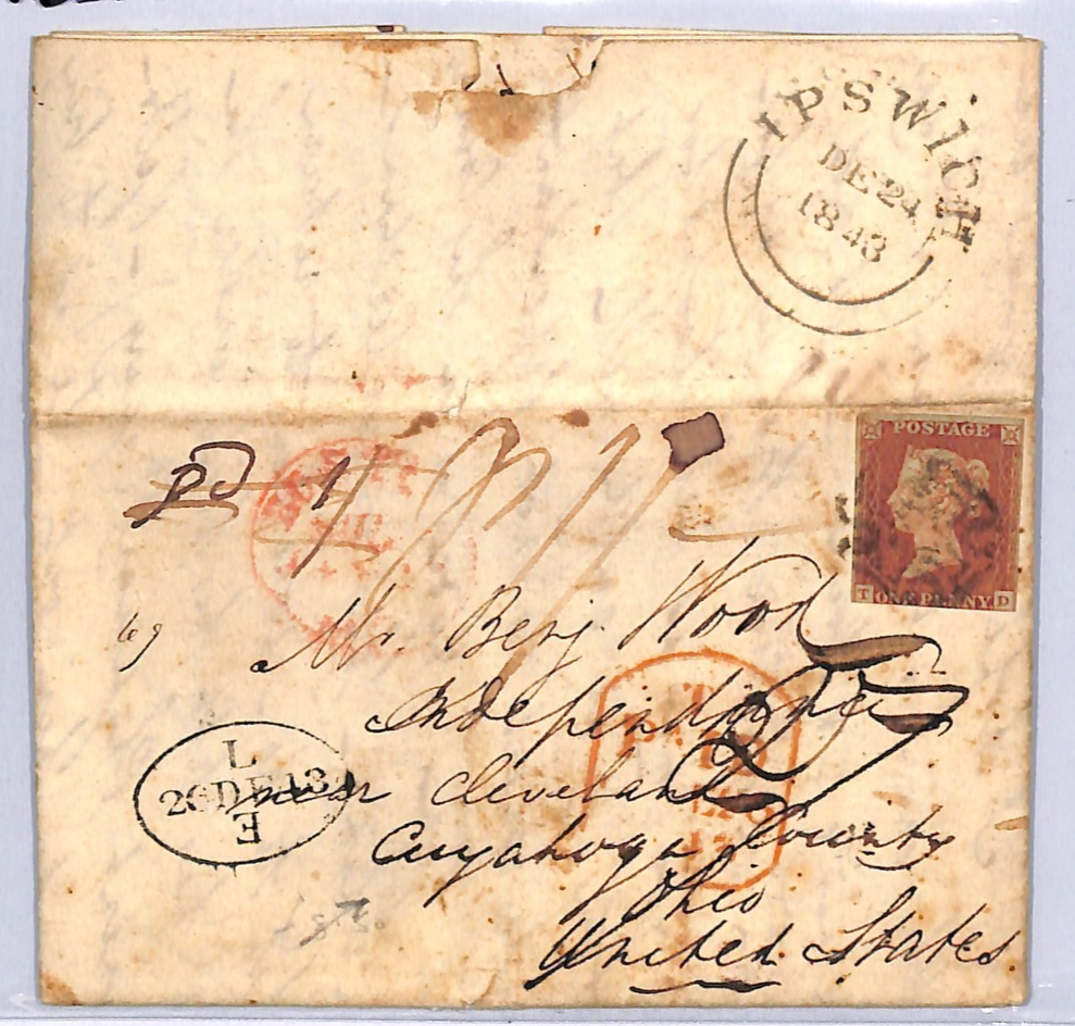 GB 1841 PENNY RED Cover *UNDERPAID TRANSATLANTIC MAIL* Ipswich MX 1843 USA XB24 - Image 4