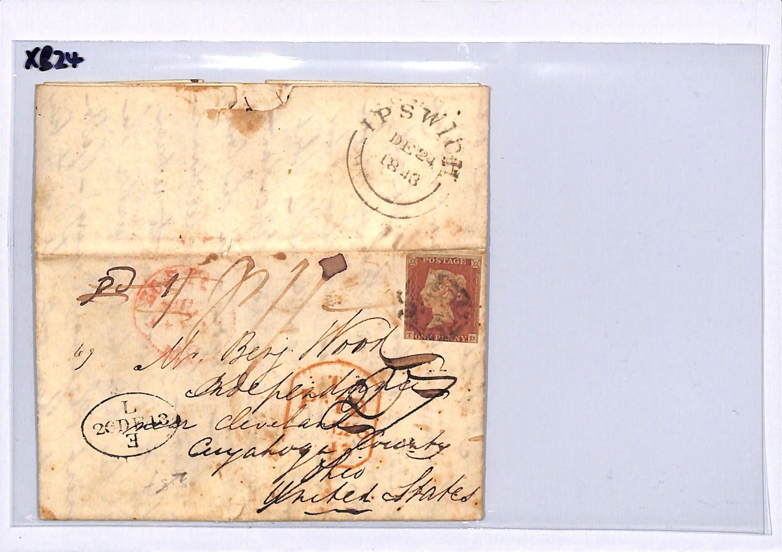 GB 1841 PENNY RED Cover *UNDERPAID TRANSATLANTIC MAIL* Ipswich MX 1843 USA XB24 - Image 6