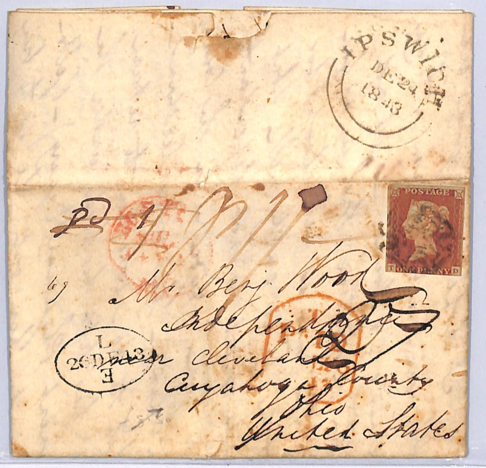 GB 1841 PENNY RED Cover *UNDERPAID TRANSATLANTIC MAIL* Ipswich MX 1843 USA XB24