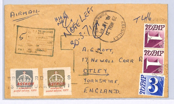 GB 1971 POSTAL STRIKE Cover ASTRON Stamps CHARGED *POSTAGE DUE* Otley Yorks XK57