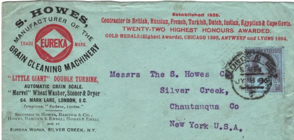 GB AGRICULTURE Advert QV TRANSATLANTIC Cover WHEAT WASHER 1896 Jubilee NYC XG142