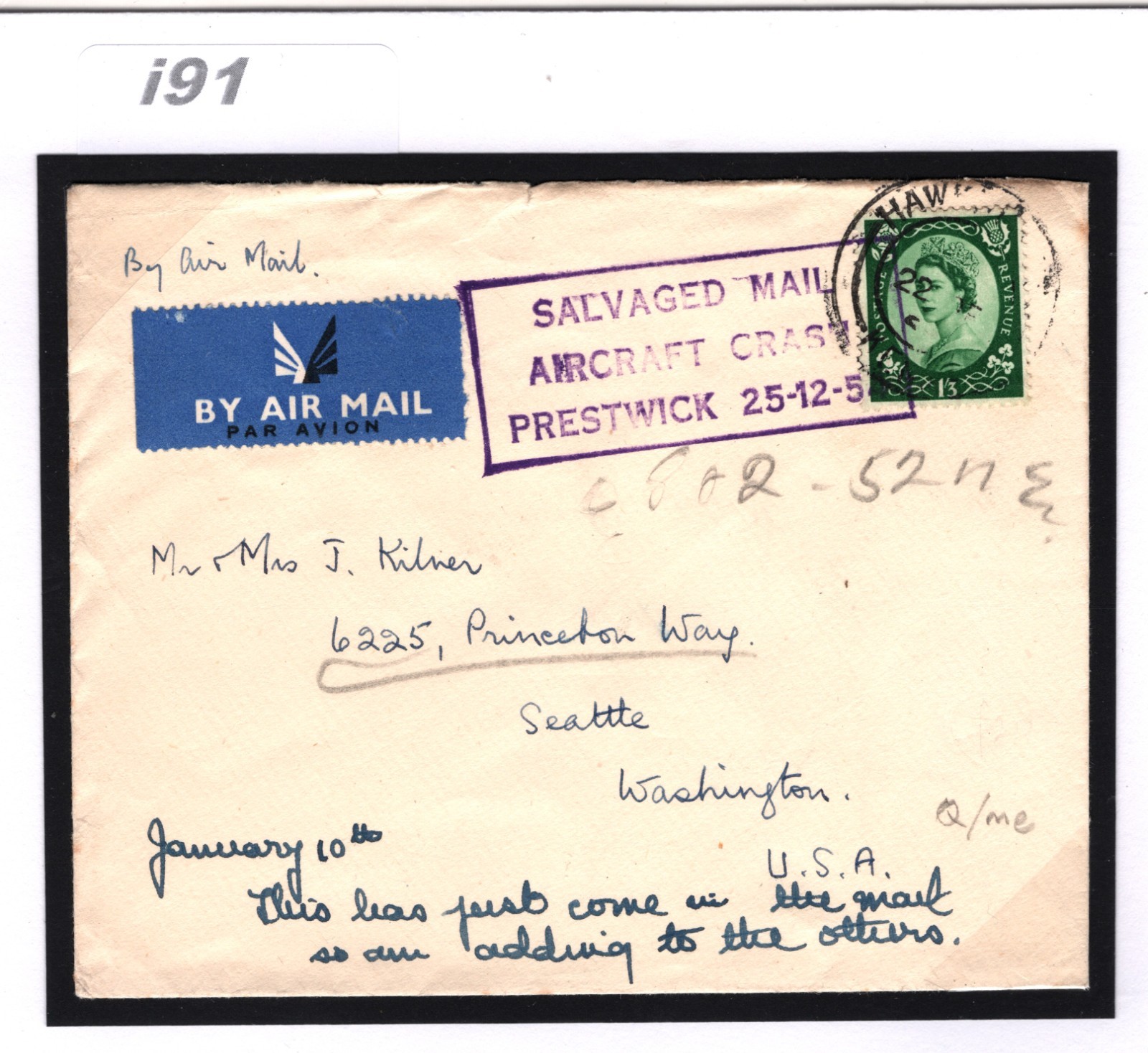 GB AIR CRASH PRESTWICK 1954 Air Mail Cover Scotland AVIATION USA Seattle i91 - Image 5