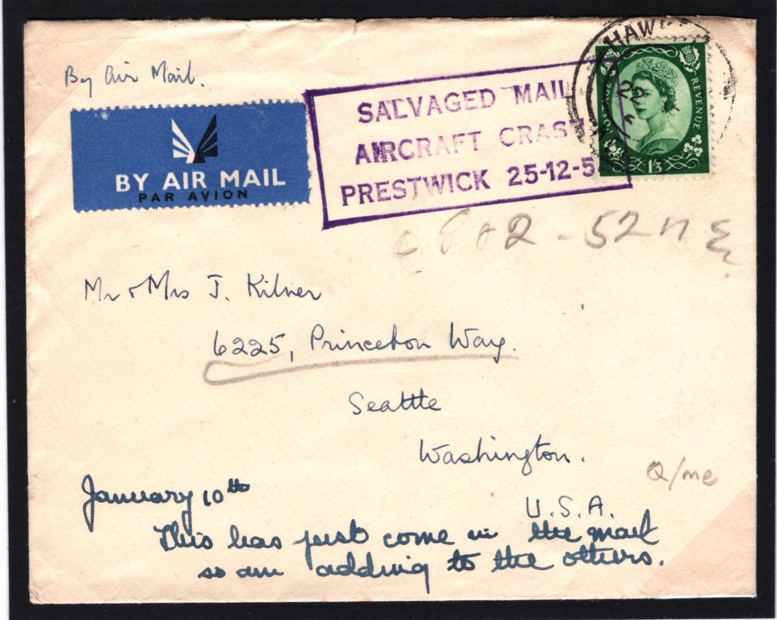 GB AIR CRASH PRESTWICK 1954 Air Mail Cover Scotland AVIATION USA Seattle i91