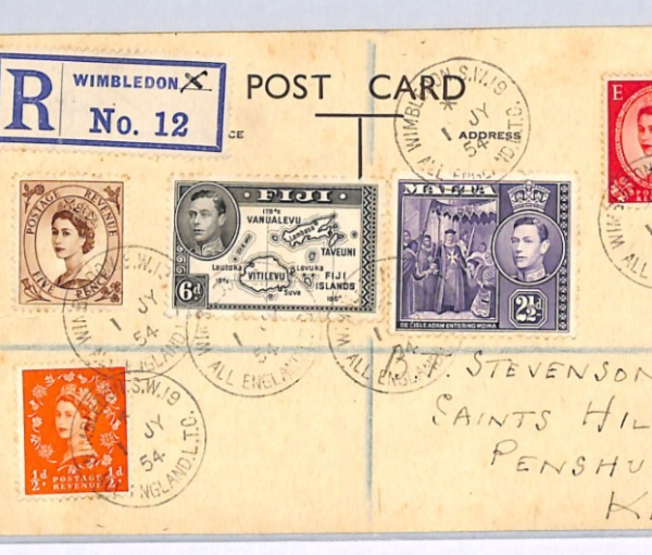 GB ALL ENGLAND LTC WIMBLEDON 1954 Card *MALTA/FIJI* KGVI Mixed Franking XG66 - Image 3