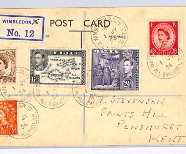 GB ALL ENGLAND LTC WIMBLEDON 1954 Card *MALTA/FIJI* KGVI Mixed Franking XG66 - Image 5