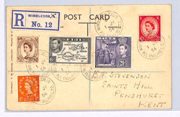 GB ALL ENGLAND LTC WIMBLEDON 1954 Card *MALTA/FIJI* KGVI Mixed Franking XG66