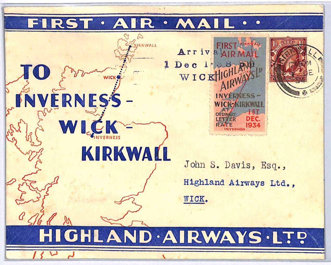 GB AVIATION ART Flight Cover Scots Islands ORKNEY Air 1934 MAP ILLUSTRATED WQ81