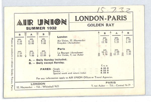 GB AVIATION Card AIR UNION TIMETABLE London-Paris 1932 Golden Ray Postcard XT135 - Image 4