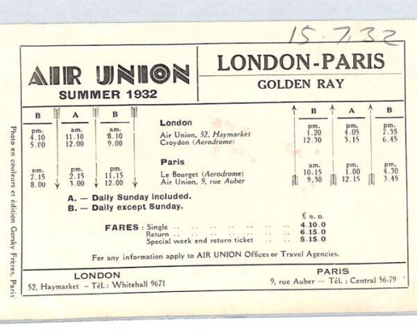 GB AVIATION Card AIR UNION TIMETABLE London-Paris 1932 Golden Ray Postcard XT135
