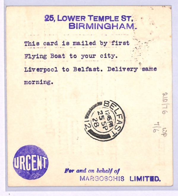 GB Air Mail Card 1928 FLYING BOAT FIRST FLIGHT Liverpool Belfast Ireland XA14 - Image 3