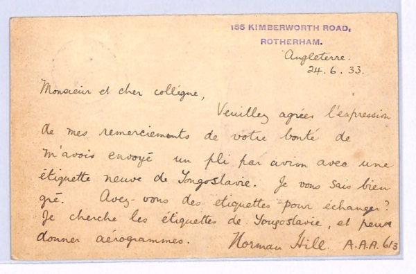 GB Air Mail Card YUGOSLAVIA Veles via Berlin/Vienna Rotherham Yorks 1933 XF165 - Image 3