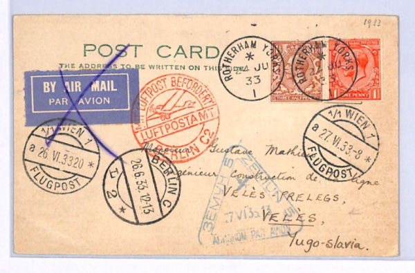 GB Air Mail Card YUGOSLAVIA Veles via Berlin/Vienna Rotherham Yorks 1933 XF165