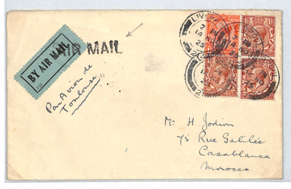 GB Air Mail Cover 1925 Liverpool MOROCCO Casablanca via Toulouse {samwells}XT149 - Image 3
