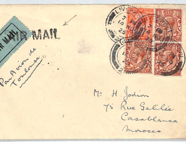GB Air Mail Cover 1925 Liverpool MOROCCO Casablanca via Toulouse {samwells}XT149
