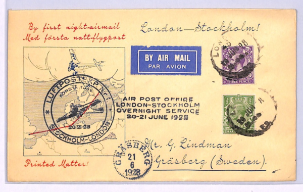 GB Air Mail Cover 1928 FIRST NIGHT FLIGHT SWEDEN Gräsberg London {samwells}XA15 - Image 3