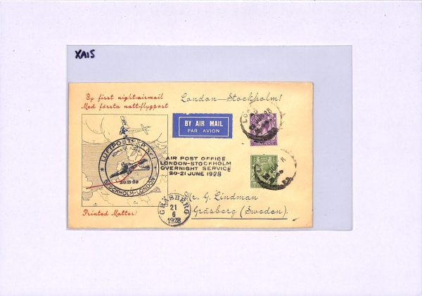 GB Air Mail Cover 1928 FIRST NIGHT FLIGHT SWEDEN Gräsberg London {samwells}XA15 - Image 5