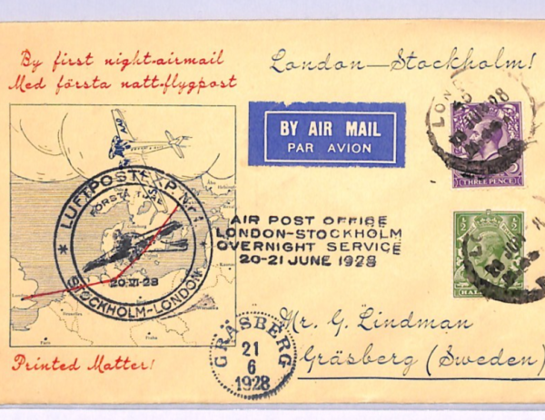 GB Air Mail Cover 1928 FIRST NIGHT FLIGHT SWEDEN Gräsberg London {samwells}XA15