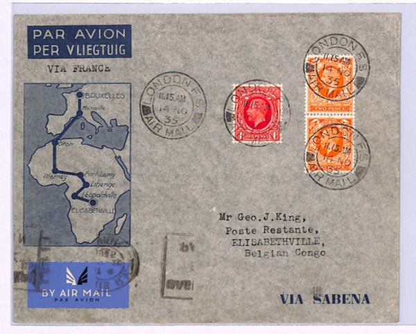 GB Air Mail Cover AIR FRANCE/SABENA Congo Elisabethville London 1935 XA12 - Image 3