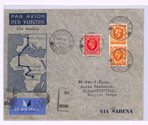 GB Air Mail Cover AIR FRANCE/SABENA Congo Elisabethville London 1935 XA12 - Image 6