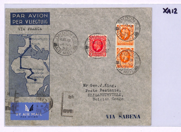 GB Air Mail Cover AIR FRANCE/SABENA Congo Elisabethville London 1935 XA12 - Image 7