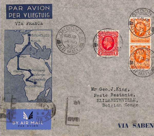 GB Air Mail Cover AIR FRANCE/SABENA Congo Elisabethville London 1935 XA12