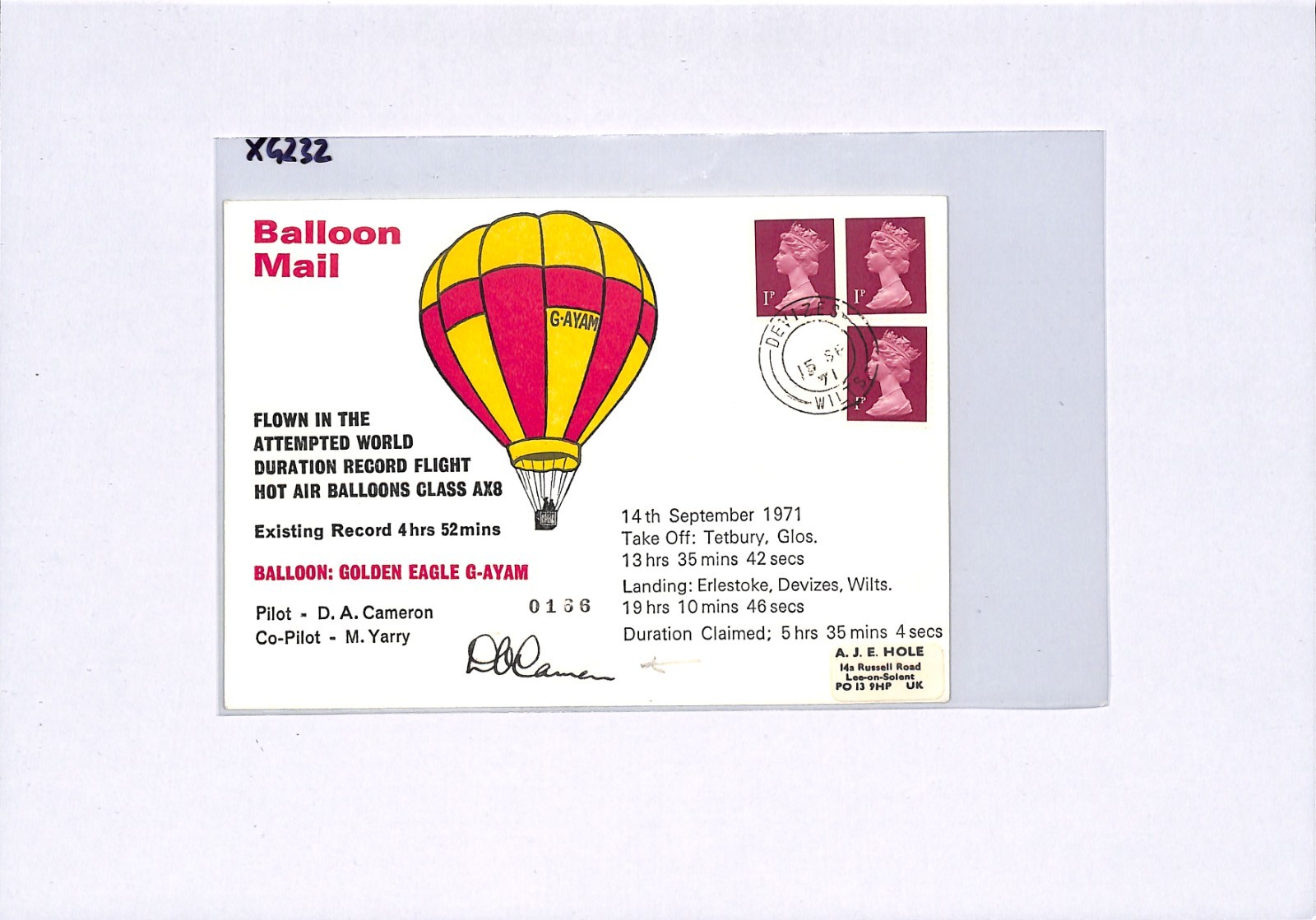 GB BALLOON MAIL Cover Signed *DONALD CAMERON* 1971 WORLD FLIGHT RECORD XG232 - Image 4