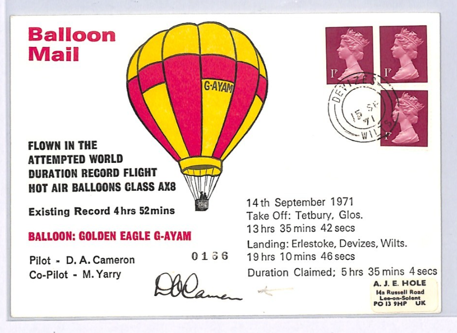GB BALLOON MAIL Cover Signed *DONALD CAMERON* 1971 WORLD FLIGHT RECORD XG232