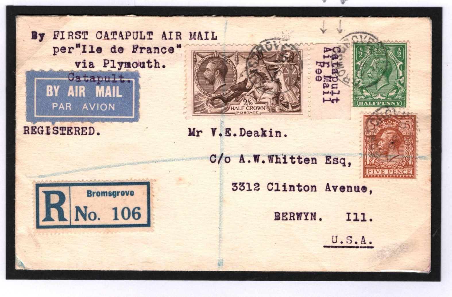 GB *CATAPULT* Airmail Fee 1928 SEAHORSE Cover FIRST FLIGHT Ship to Shore USA i51 - Image 3