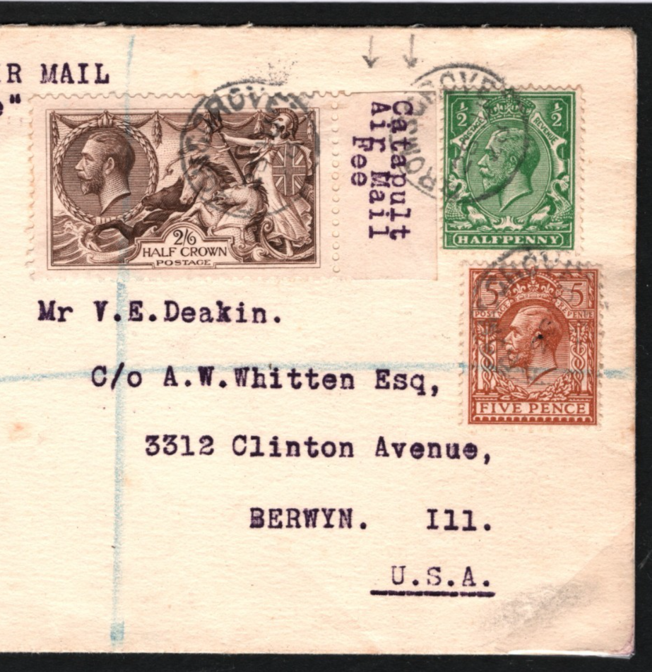 GB *CATAPULT* Airmail Fee 1928 SEAHORSE Cover FIRST FLIGHT Ship to Shore USA i51 - Image 4