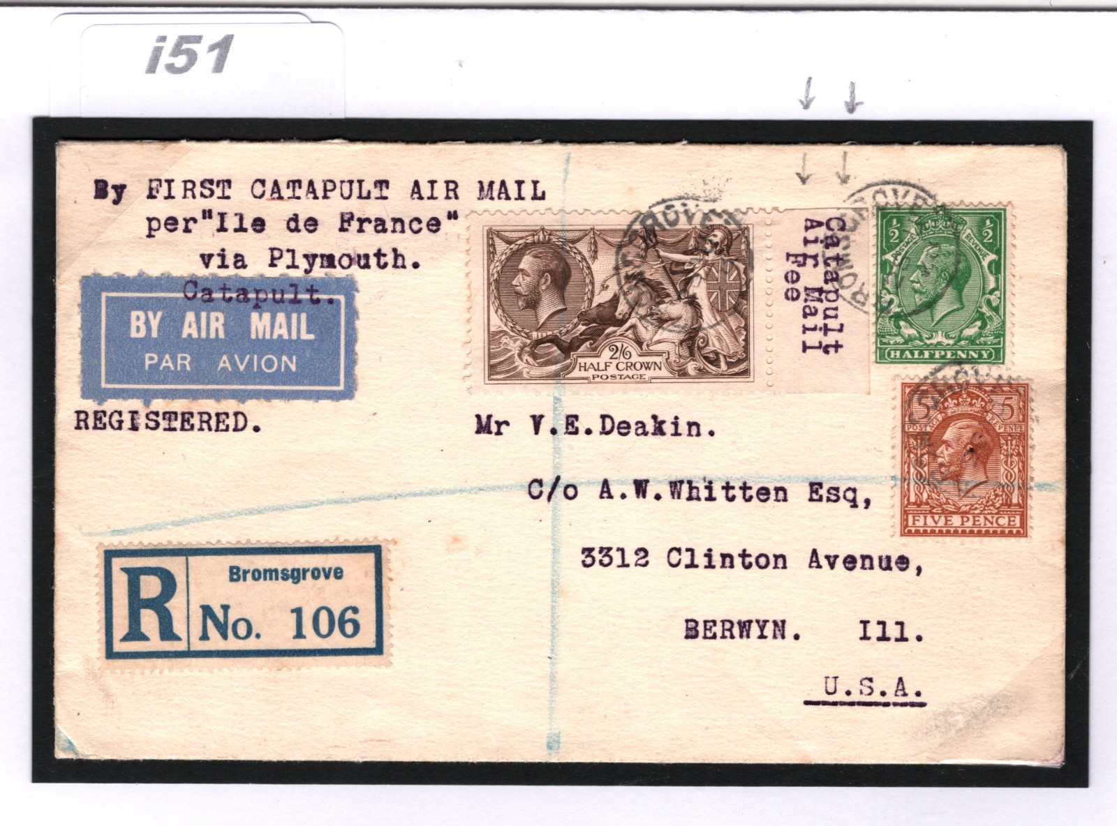GB *CATAPULT* Airmail Fee 1928 SEAHORSE Cover FIRST FLIGHT Ship to Shore USA i51 - Image 6