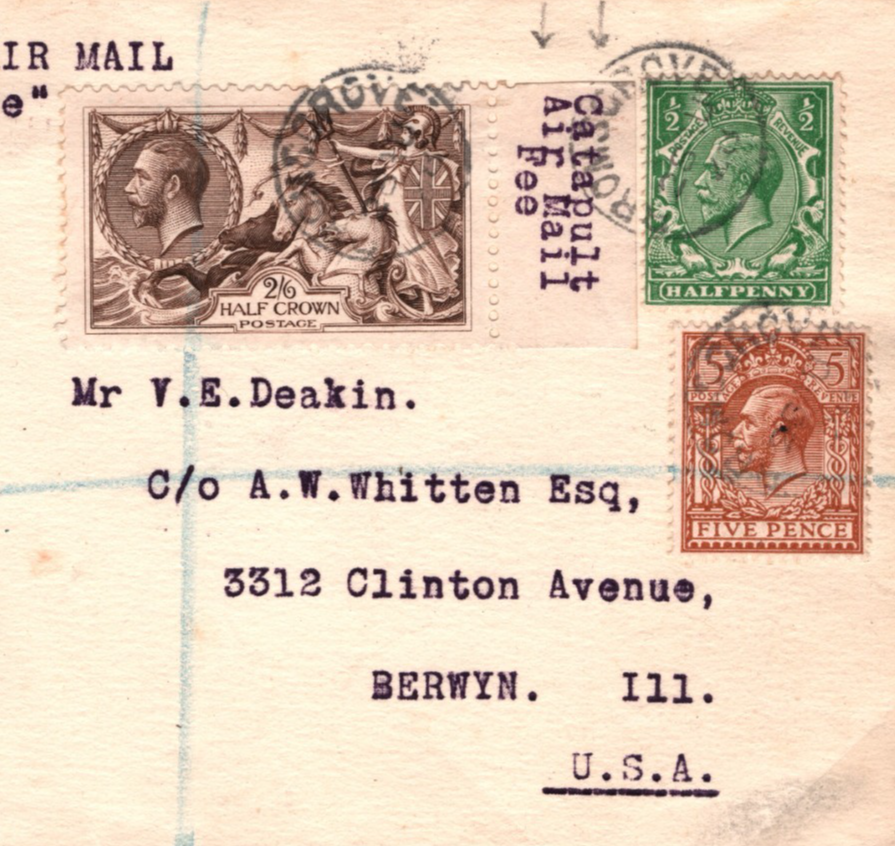 GB *CATAPULT* Airmail Fee 1928 SEAHORSE Cover FIRST FLIGHT Ship to Shore USA i51