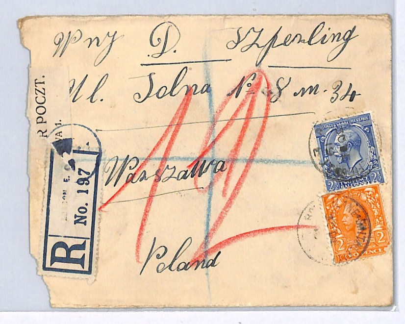 GB Cover London Registered POLAND Warsaw Damaged Explanatory 1919 WX174 - Image 3