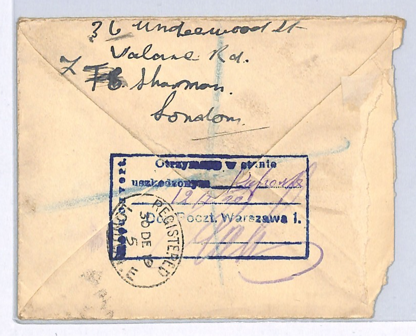 GB Cover London Registered POLAND Warsaw Damaged Explanatory 1919 WX174 - Image 4