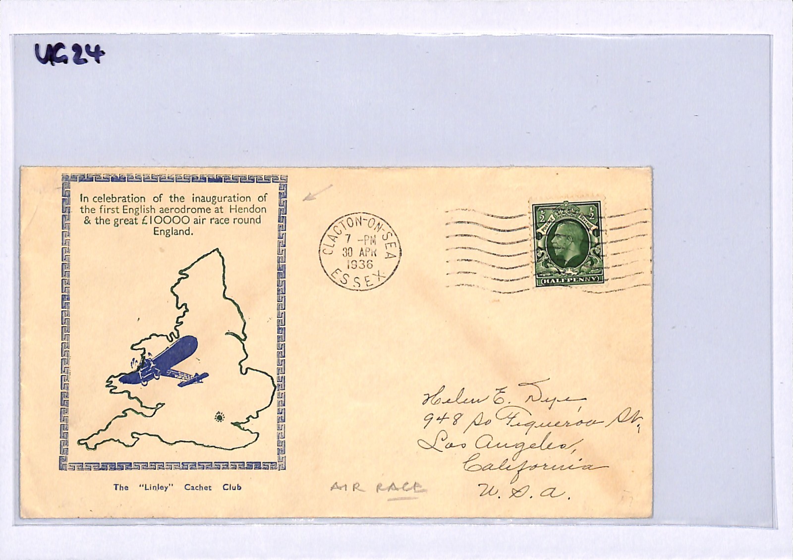 GB HENDON AIR RACE £10k Price Cover Clacton Essex 1936 (USA Los Angeles) UG24 - Image 7