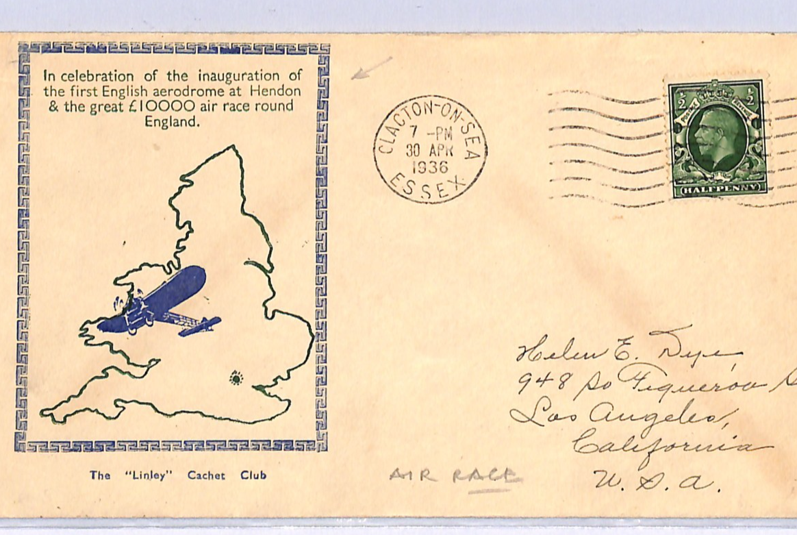 GB HENDON AIR RACE £10k Price Cover Clacton Essex 1936 (USA Los Angeles) UG24
