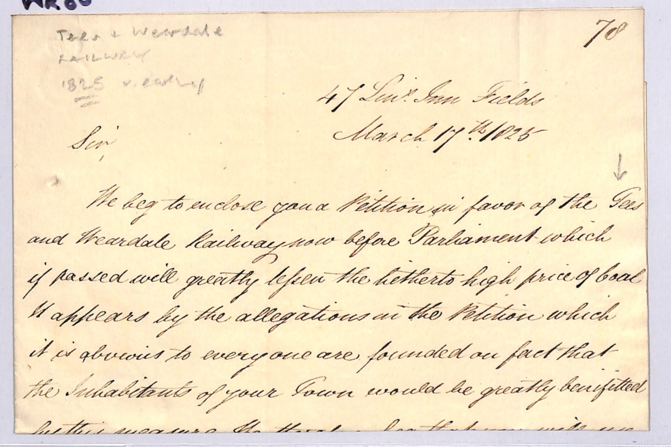 GB HISTORIC RAILWAY LETTER Early *TEES & WEARDALE RAILWAY* 1825 Solicitor WR80 - Image 2