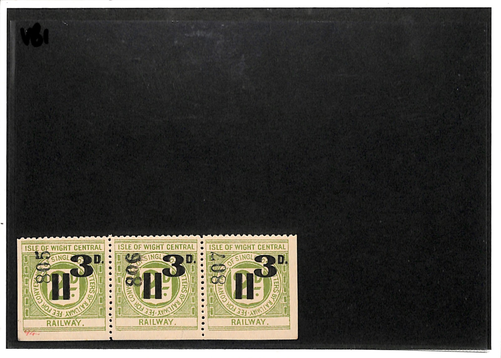 GB ISLE OF WIGHT CENTRAL RAILWAY Letter Stamp 3d SURCHARGE Strip{3} IOW MNH VB1 - Image 4
