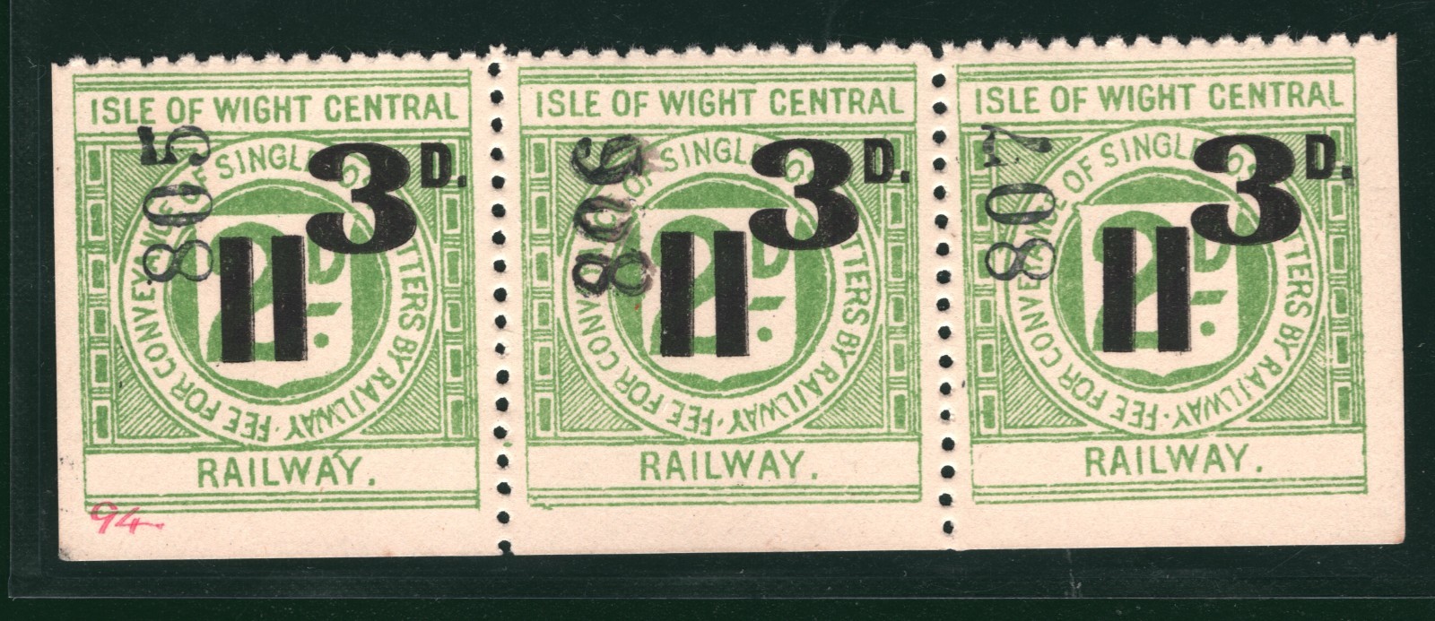 GB ISLE OF WIGHT CENTRAL RAILWAY Letter Stamp 3d SURCHARGE Strip{3} IOW MNH VB1