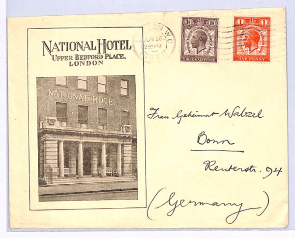 GB Illustrated Advert Cover 1929 PUC *National Hotel* London Germany Bonn XF208