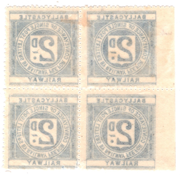 GB Ireland BALLYCASTLE RAILWAY Letter Stamp 2d Blue WATERMARK Block{4} Mint RS48 - Image 3
