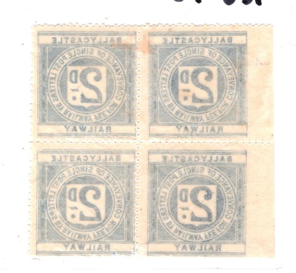 GB Ireland BALLYCASTLE RAILWAY Letter Stamp 2d Blue WATERMARK Block{4} Mint RS48 - Image 5