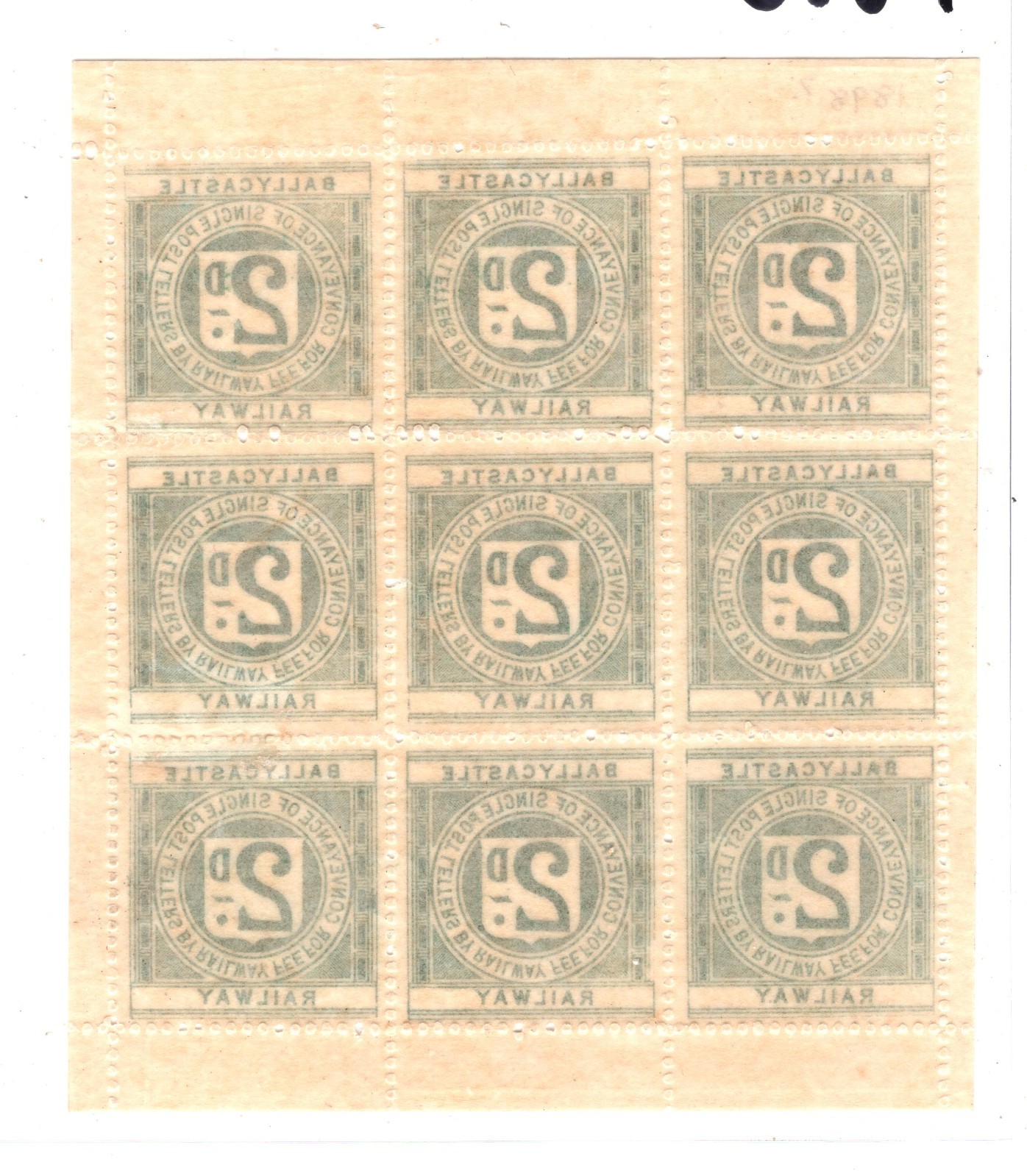GB Ireland BALLYCASTLE RAILWAY Letter Stamp 2d Green (Die III) *SHEET* Mint RS50 - Image 3