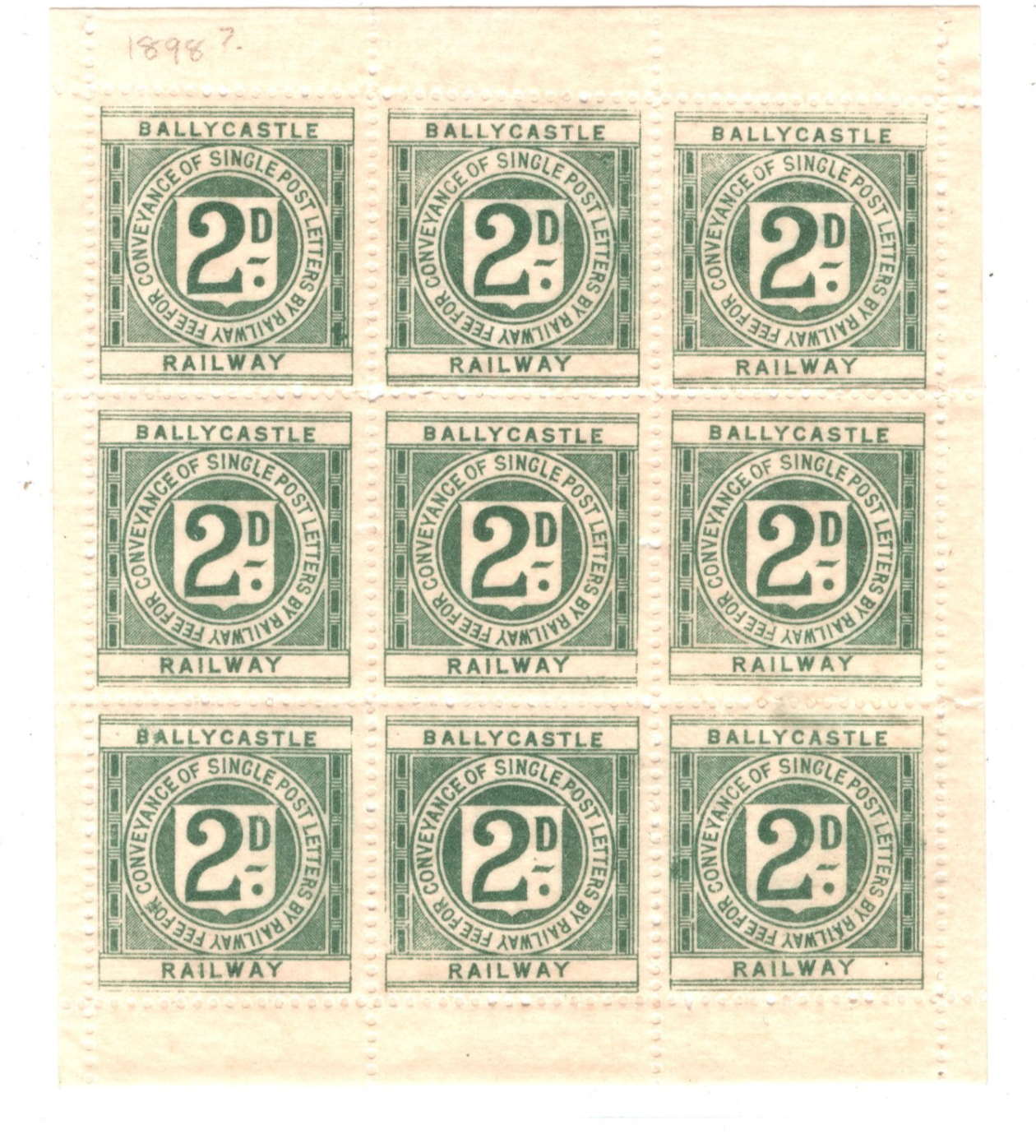 GB Ireland BALLYCASTLE RAILWAY Letter Stamp 2d Green (Die III) *SHEET* Mint RS50 - Image 6