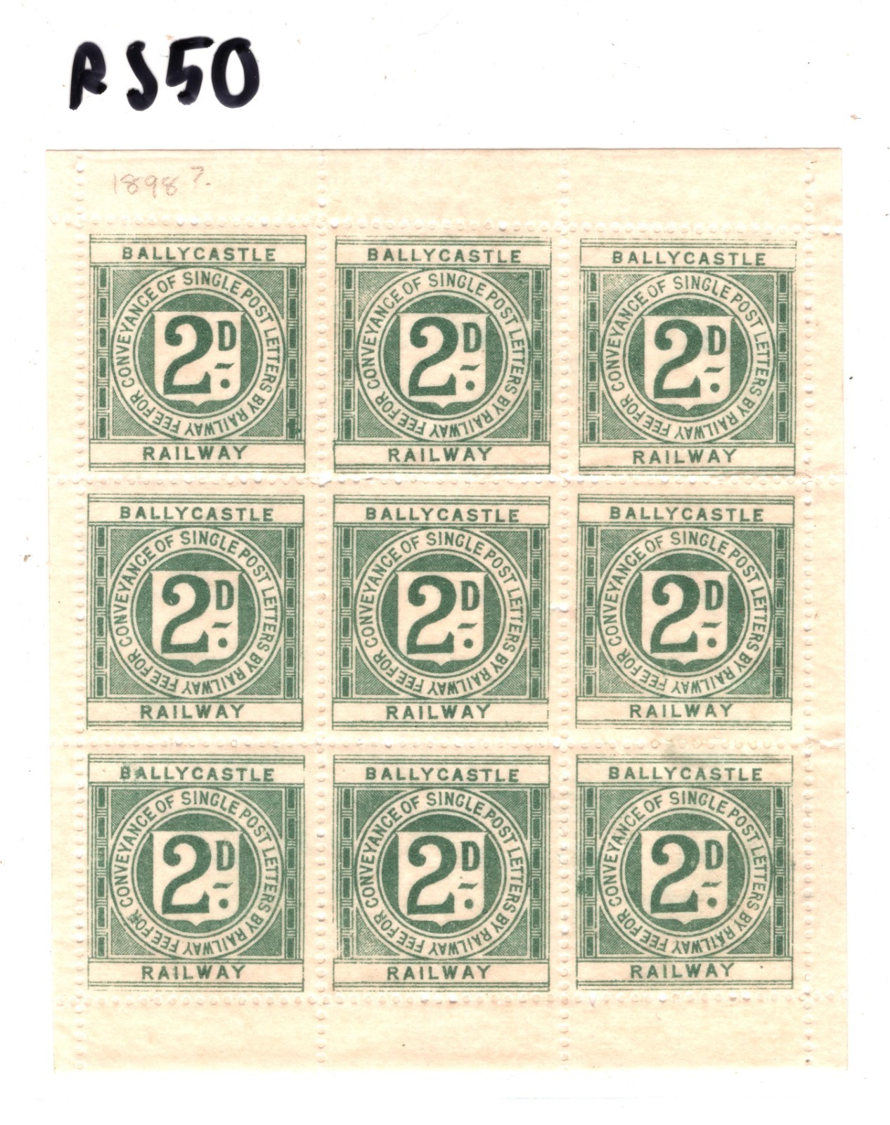 GB Ireland BALLYCASTLE RAILWAY Letter Stamp 2d Green (Die III) *SHEET* Mint RS50 - Image 7
