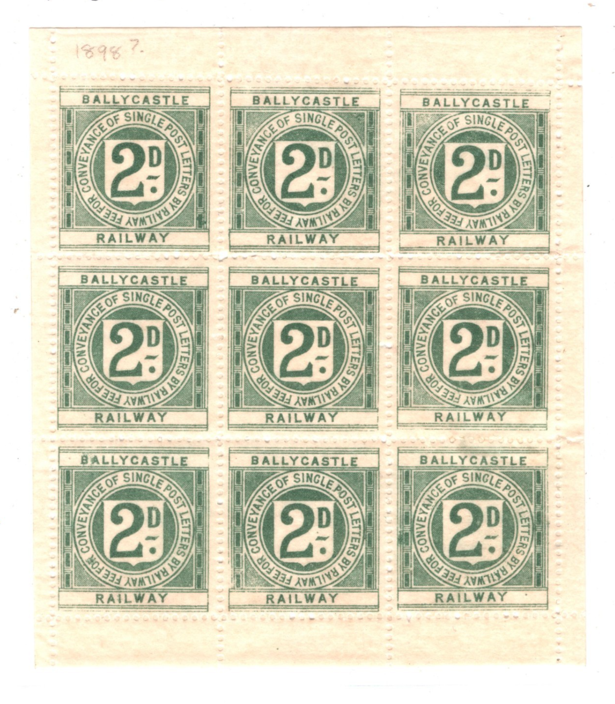 GB Ireland BALLYCASTLE RAILWAY Letter Stamp 2d Green (Die III) *SHEET* Mint RS50